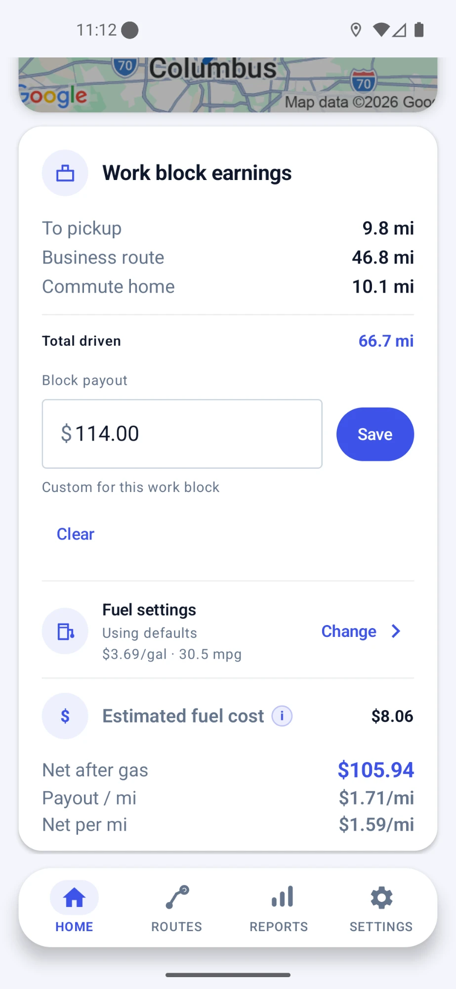 MileLap work block details showing mileage, payout and estimated fuel cost
